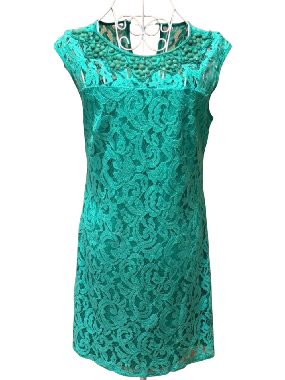 Adrianna Papell Petite Green Lace Shift Dress Beaded Neckline Cap Sleeve Size 6P